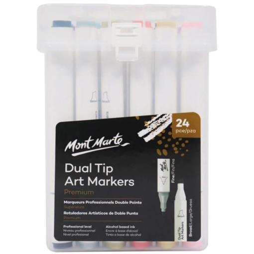 Set de 24 Marcadores Dual Tips Premium + Estuche Rígido (Punta Biselada – Fina) base alcohol Mont Marte