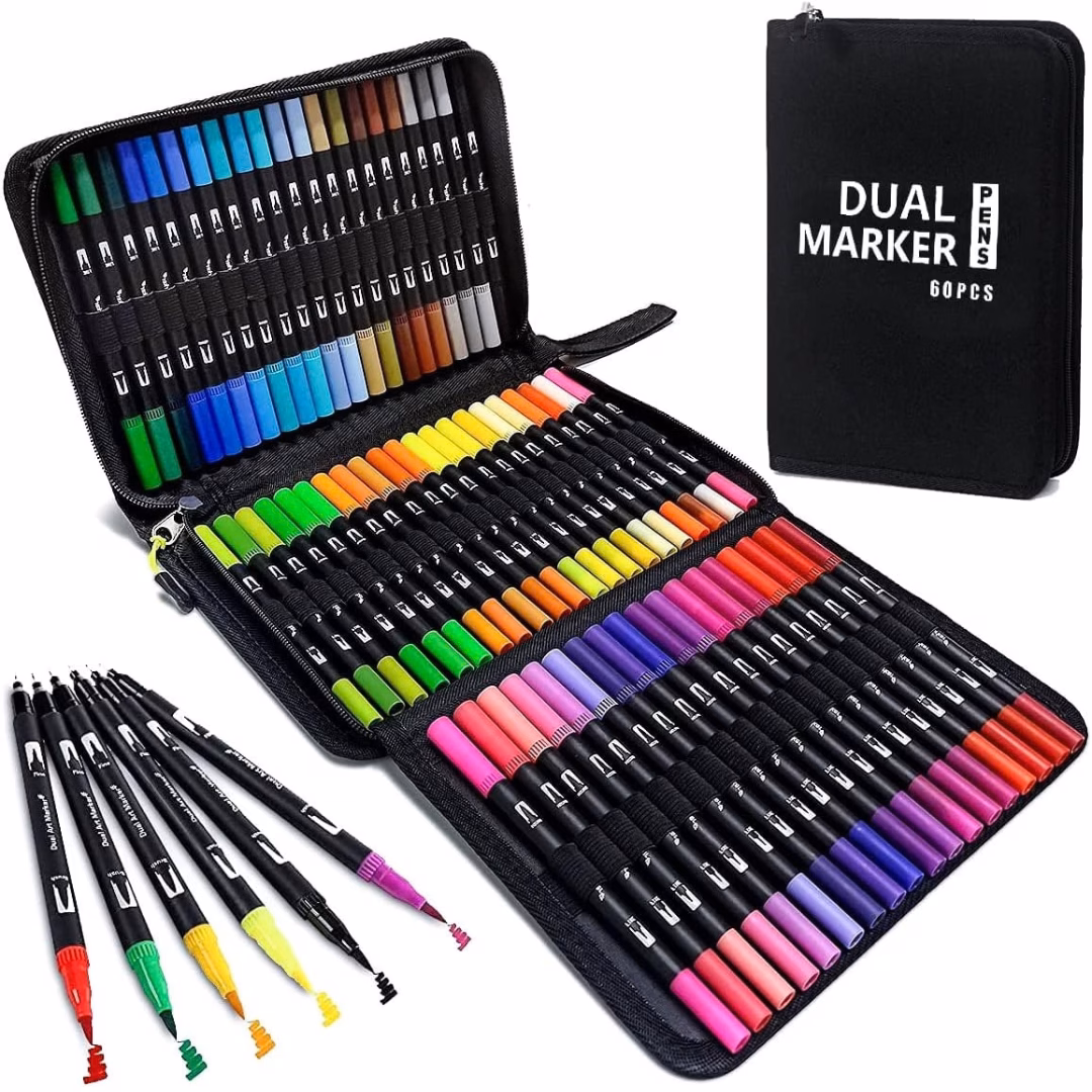 Set para regalo de 60 Marcadores Dual Brush: Punta Pincel y Punta Fina en Estuche de Tela - Te02