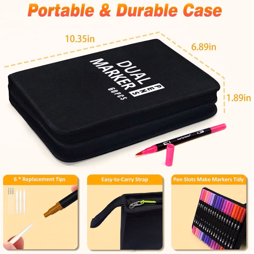 Set para regalo de 60 Marcadores Dual Brush: Punta Pincel y Punta Fina en Estuche de Tela - Te02 - Imagen 3